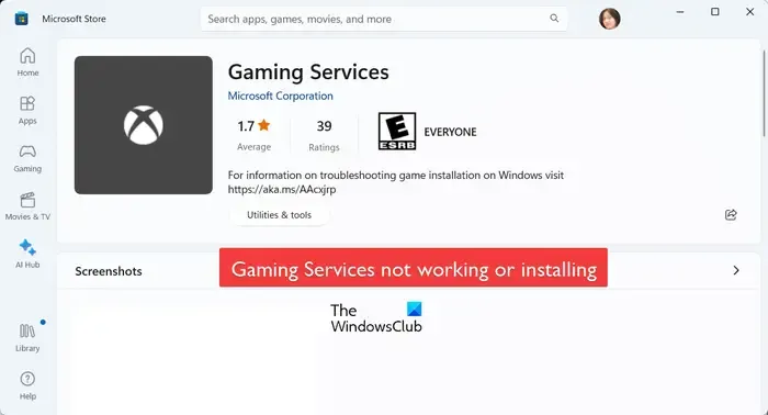 Usługi gier nie działają lub nie instalują się