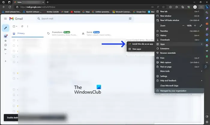 Aplikacja Gmail w systemie Windows przy użyciu przeglądarki Edge