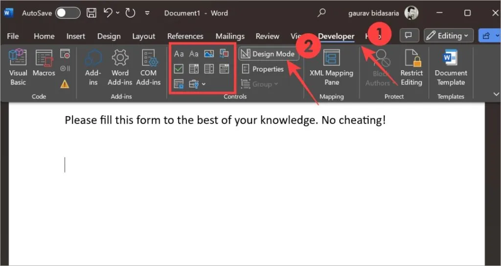 Schakel ontwerpmodusbesturingselementen in Microsoft Word in