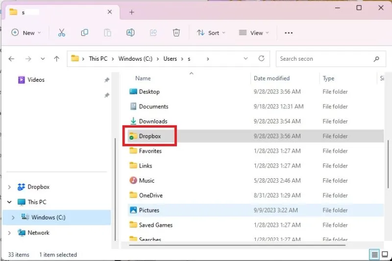 Le dossier Dropbox sous le dossier du compte utilisateur Windows dans l'Explorateur de fichiers.