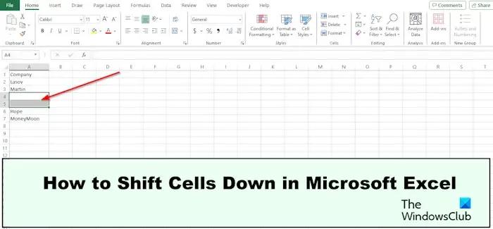 Microsoft Excelでセルを下にシフトする方法