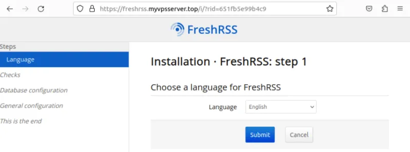 FreshRSS의 언어 선택 프롬프트를 보여주는 스크린샷.