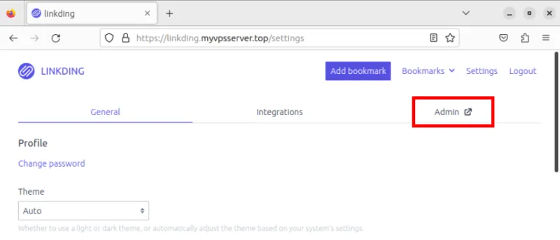Una captura de pantalla que resalta la pestaña Administrador en la página de configuración de enlaces.