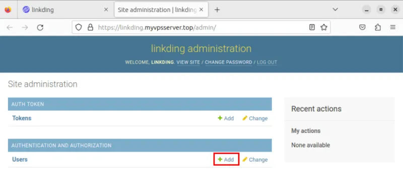 Ein Screenshot, der den Link „Hinzufügen“ im Abschnitt „Benutzer“ im Linkding-Administrationsbereich hervorhebt.