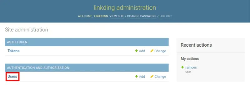 Ein Screenshot, der den Benutzerlink im Linkding-Administrationsbereich hervorhebt.