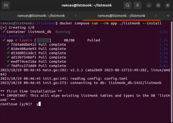Un terminale che mostra la richiesta di cancellazione del database per il contenitore Docker Listmonk.