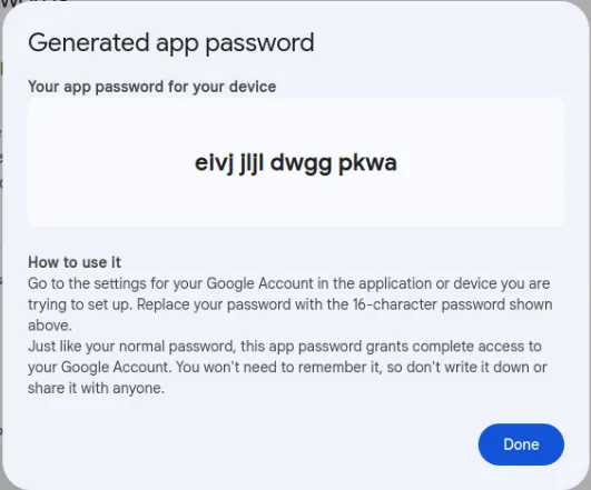 Uno screenshot che mostra un esempio di password dell'app.