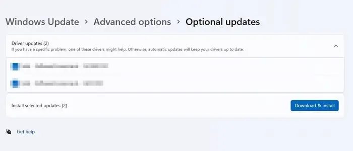 Zainstaluj opcjonalny sterownik Windows Update