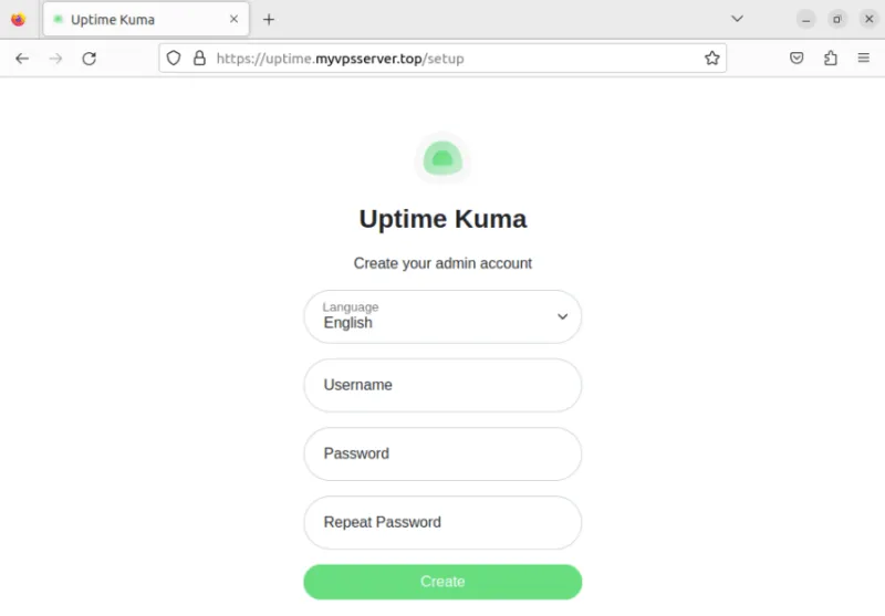 Une capture d'écran montrant la page de destination par défaut pour Uptime Kuma.