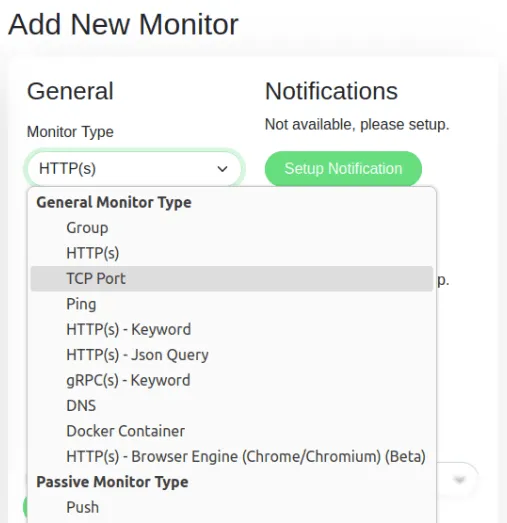 Ein Screenshot, der die verschiedenen verfügbaren Monitortypen zeigt.