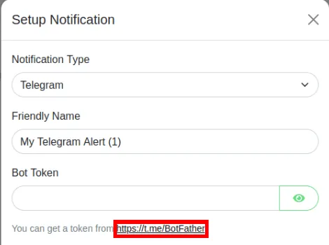 Telegram BotFather リンクを強調表示したスクリーンショット。