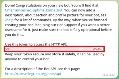 Uno screenshot che evidenzia il token univoco per il tuo nuovo bot di notifica.