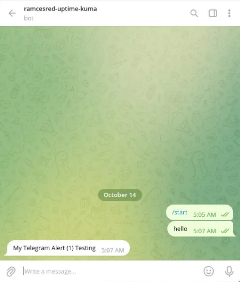 Uno screenshot che mostra un bot Uptime Kuma Telegram funzionante.