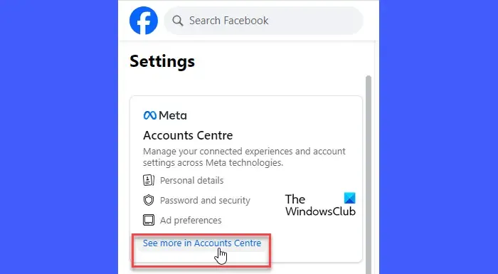 Impostazioni del Meta Account Center