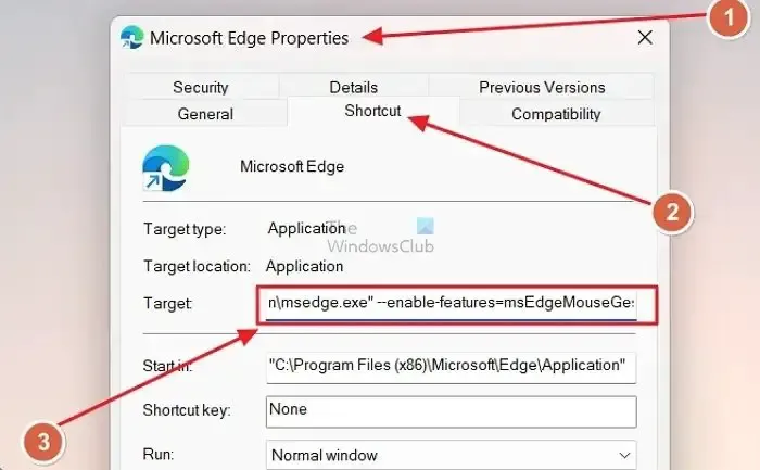 Raccourci Microsoft Edge avec indicateurs
