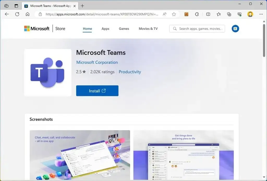 Microsoft ストアの Web アプリ ページ