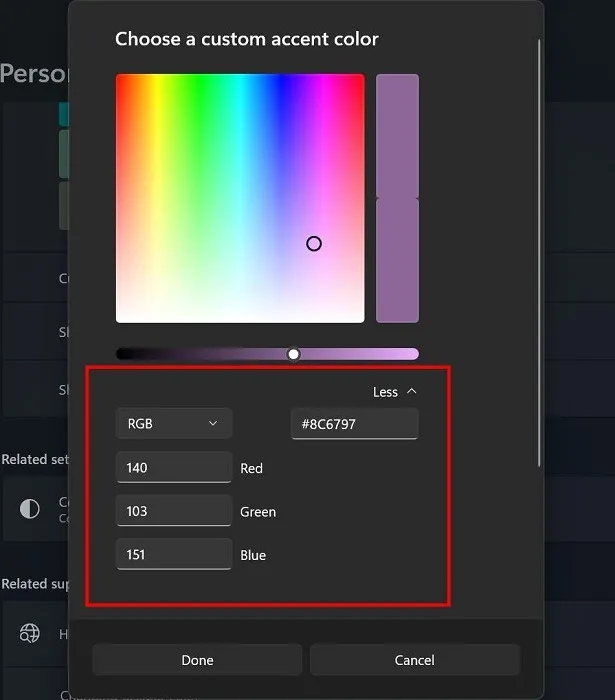 Vista de opciones adicionales al seleccionar el color personalizado de la barra de tareas en Personalización de Windows.