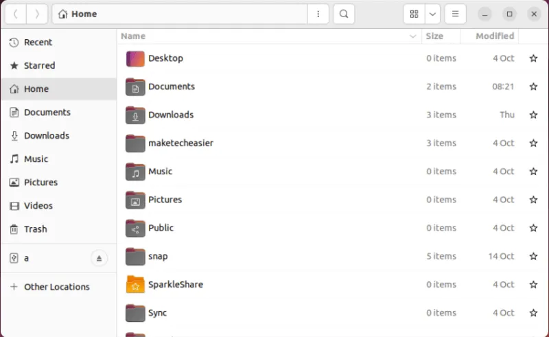 Uma captura de tela do gerenciador de arquivos padrão no Ubuntu.