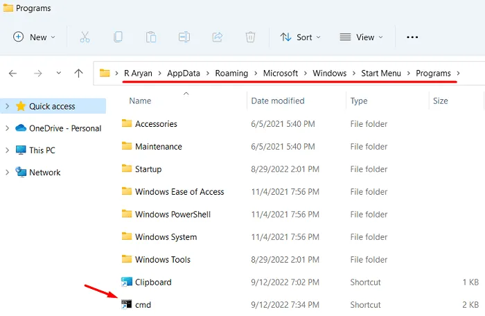 Sposta il collegamento agli Appunti all'interno della cartella Programmi: Cancella i dati della cronologia degli Appunti su Windows 11