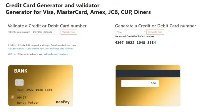 Websites voor het genereren van creditcardnummers