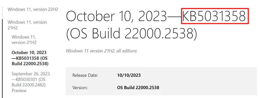 Notez le numéro de Ko de l'historique des mises à jour de Windows 11 - Erreur de mise à jour 0x8024a22d