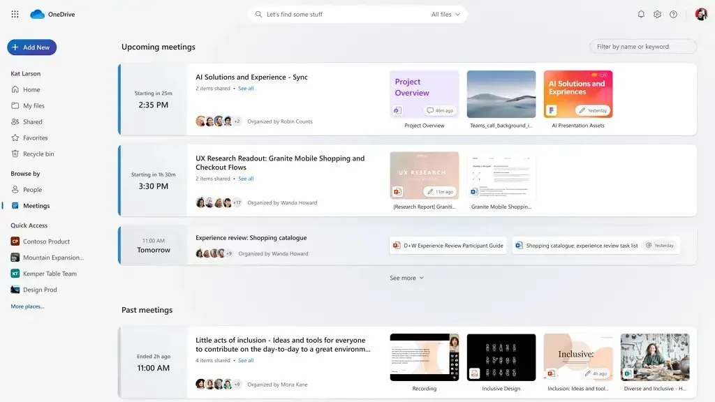 Visualização de reuniões do OneDrive