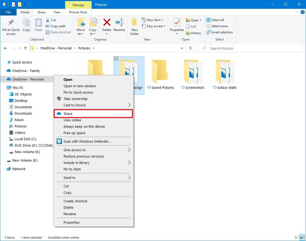 Opcja udostępniania OneDrive w Eksploratorze plików