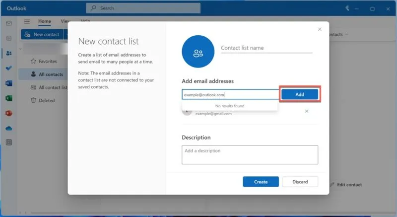 Outlook agregar correos electrónicos a la lista de distribución