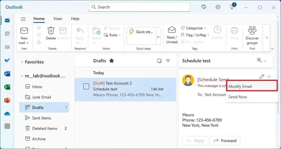 Outlook modifica la pianificazione della posta elettronica