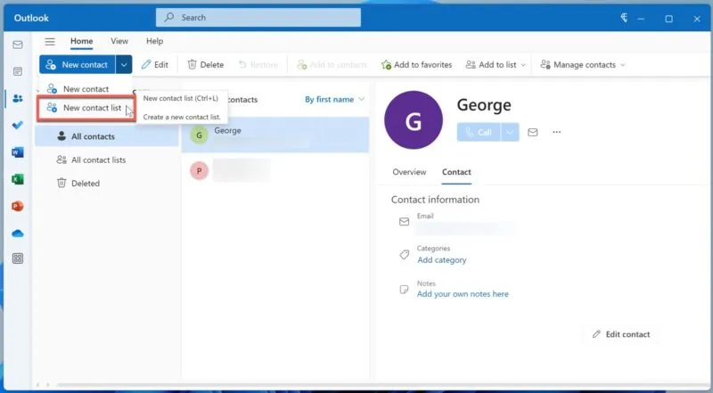 Outlook crear una nueva lista de contactos