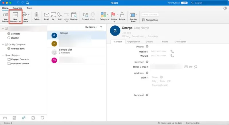 Outlook Mac Nuova opzione elenco contatti evidenziata