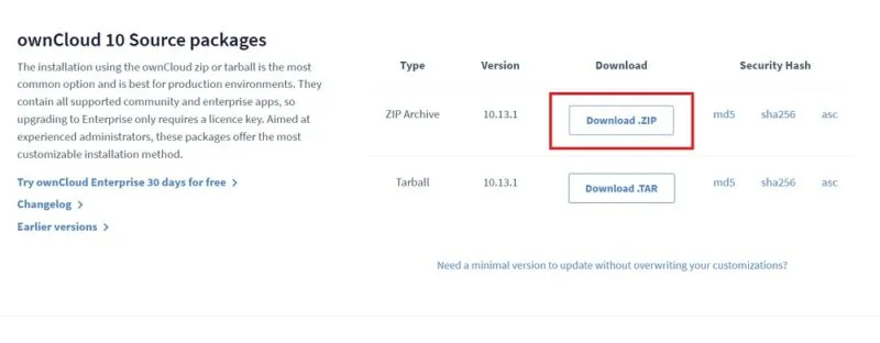 Zip-pakket downloaden voor OwnCloud-server op Windows.
