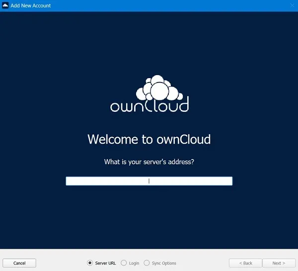 La schermata di benvenuto di OwnCloud su Windows dopo la prima visita dopo l'installazione.