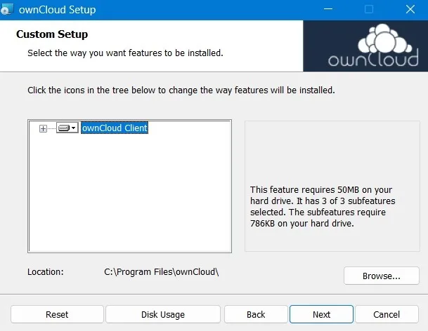 OwnCloud-client wordt geïnstalleerd op een Windows-apparaat.