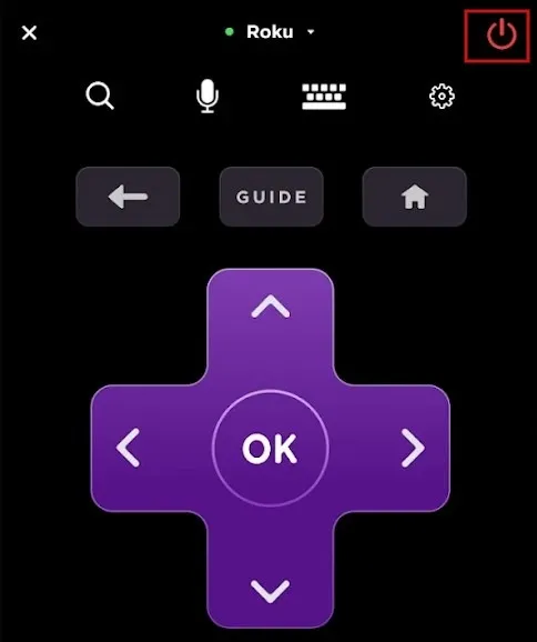 Tocca il pulsante di accensione sull'app remota Roku