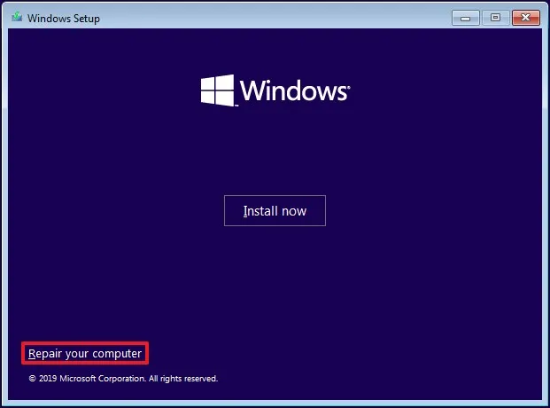 Windows 10 セットアップでコンピューターを修復するオプション