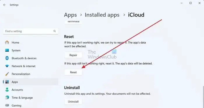 Restablecer la aplicación iCloud de Windows