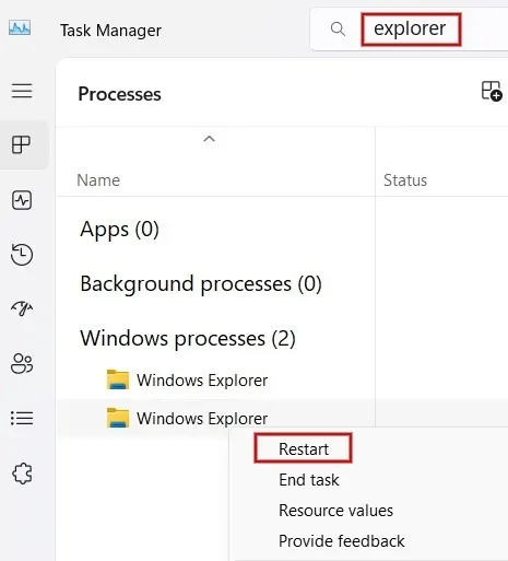 Reiniciando o Windows Explorer no Gerenciador de Tarefas.