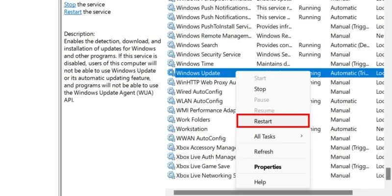 Riavvio di Windows Update dall'app Servizi.