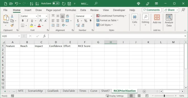 Linha de cabeçalho de fatores RICE no Excel