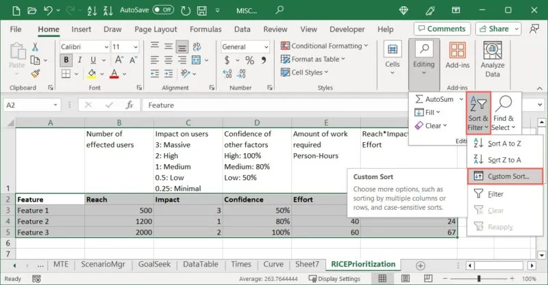 Excel의 사용자 정의 정렬 옵션
