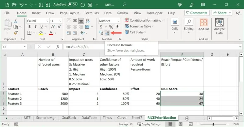 Knop Decimaal verlagen in Excel