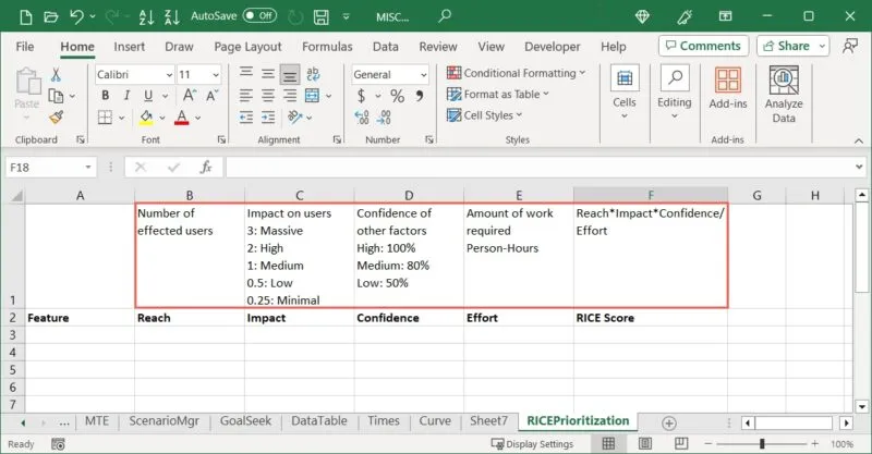 Rijstscore-uitlegrij in Excel