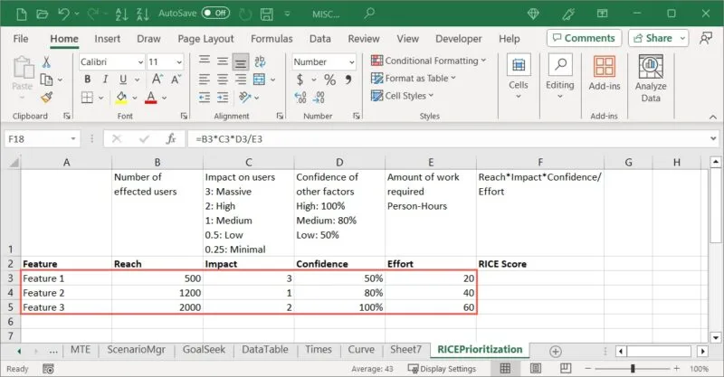 Recursos e classificações do RICE no Excel