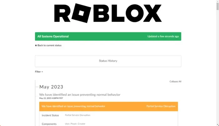 Status do servidor Roblox