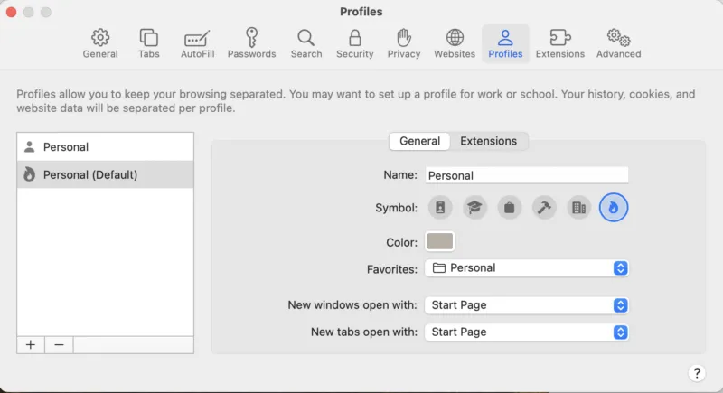 Questa è la finestra Impostazioni di Safari nella scheda Profili.