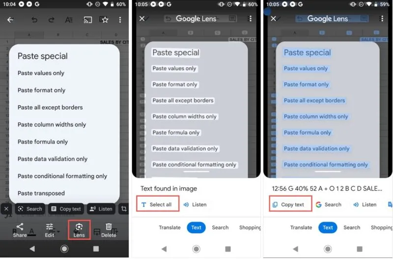 Wählen Sie „Alle“ und „Alle kopieren“ in Google Lens auf Android