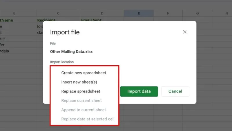 Importbestemming selecteren voor Excel-spreadsheet in Google Spreadsheets.