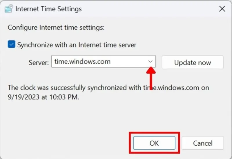 Auswahl des Windows-Zeitservers im Fenster „Internetzeiteinstellungen“.