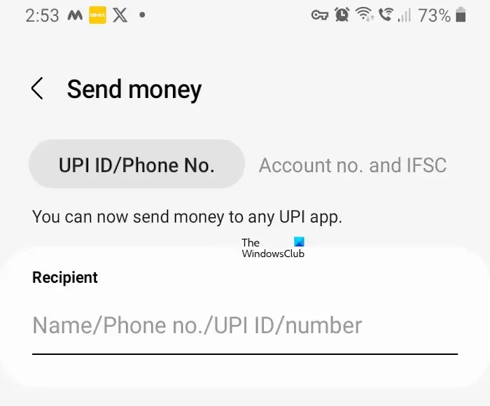 Envie dinheiro através da UPI